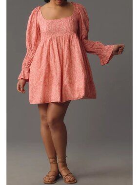 NWT Anthropologie Pilcro Long Sleeve Babydoll Mini Dress Smocked Pink/Rose